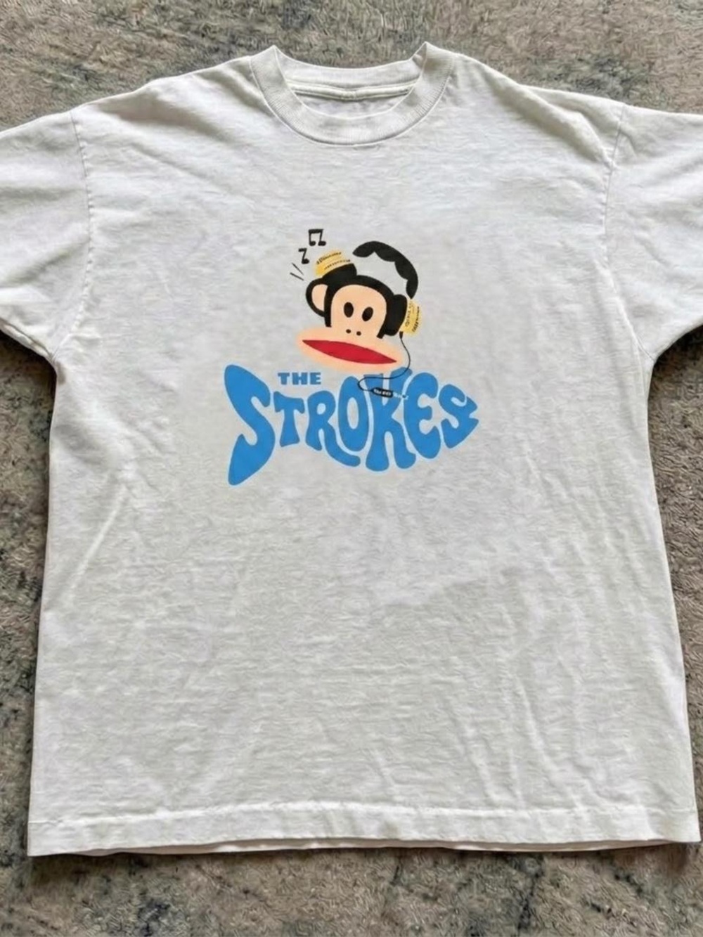 Gildan White Tee with Blue 'The Strokes' Paul Frank-Style Graphic